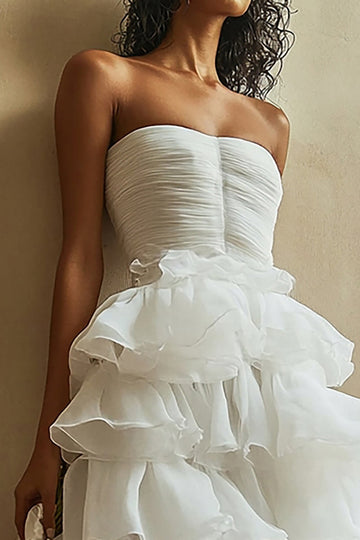 White Organza A Line Tiered Strapless Ruffled Long Wedding Dress